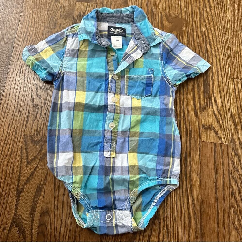 OshKosh B’Gosh plaid button up bodysuit, size 12M - Picture 1 of 4